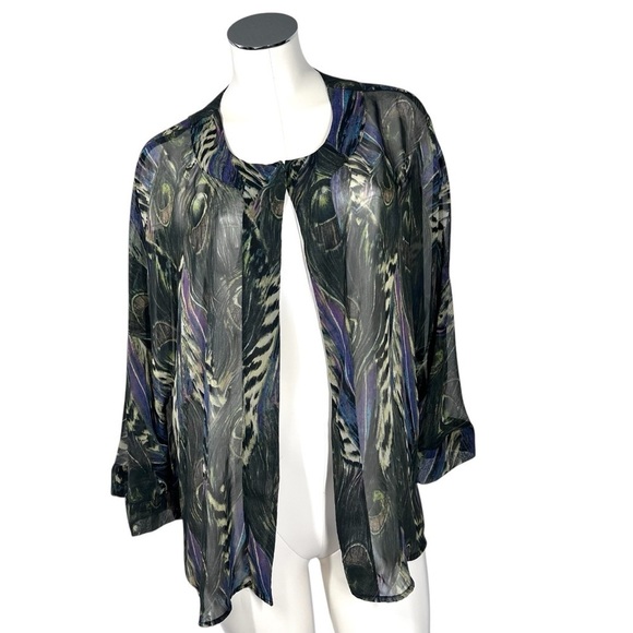 TRAVELSMITH Semi Sheer Open Front Peacock Feather Print Cardigan Women's Size 1X - Picture 2 of 16